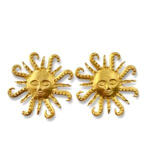 Vintage Modernist Celestial Sun Burst Face Matte Goldtone Clip On Earrings